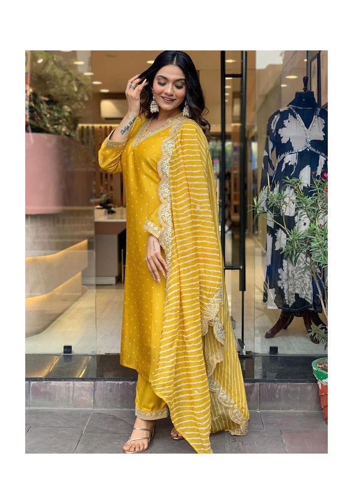 Malishka Export Chanderi Embroidery Yellow Kurta Pant With Dupatta for Women - Image 4